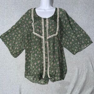 Denim 24/7 Womens 24W Green Floral Lace Trim Kimono Sleeve Button Front Blouse